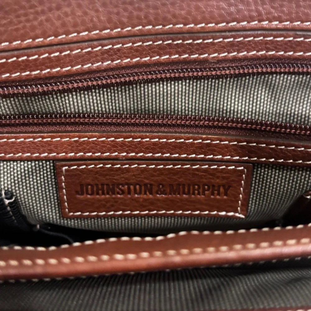 Johnston & Murphy Mens Brown Leather Briefcase Messenger Laptop Bag Turn Lock